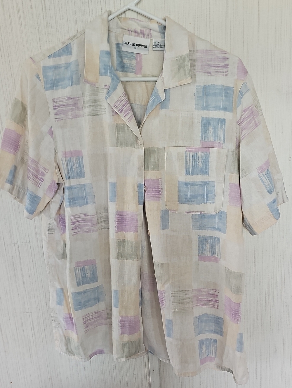 Alfred Dunner Pastel Brushstroke Short Sleeve Shirt - Blue, Pink, Green, Cream